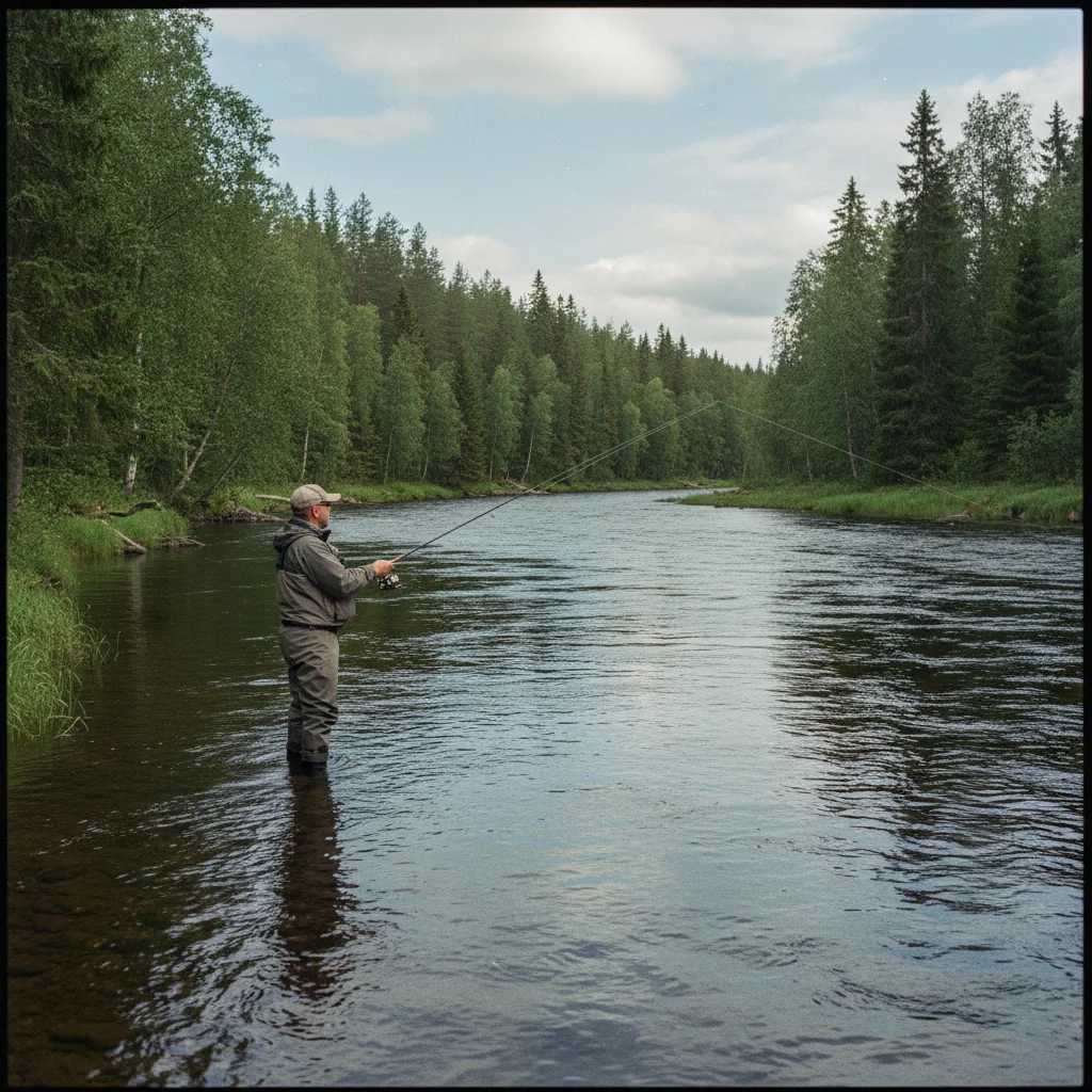 Norwegischer Lachsfluss mit klarem Wasser und gruenen Ufern