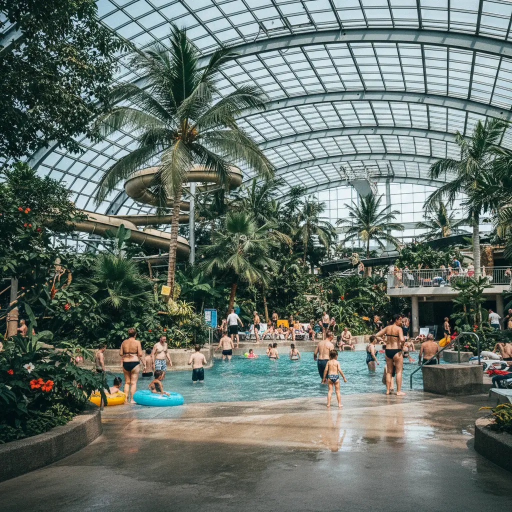 Der Aquadome von Lalandia mit tropischer Bepflanzung und Badegästen unter der Glaskuppel
