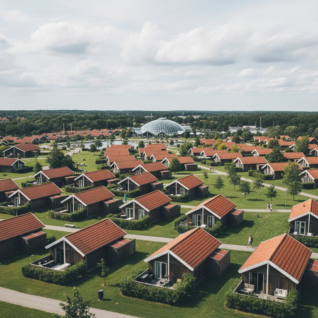 Überblick über das Lalandia Gelände in Billund mit Ferienhäusern und dem Aquadome