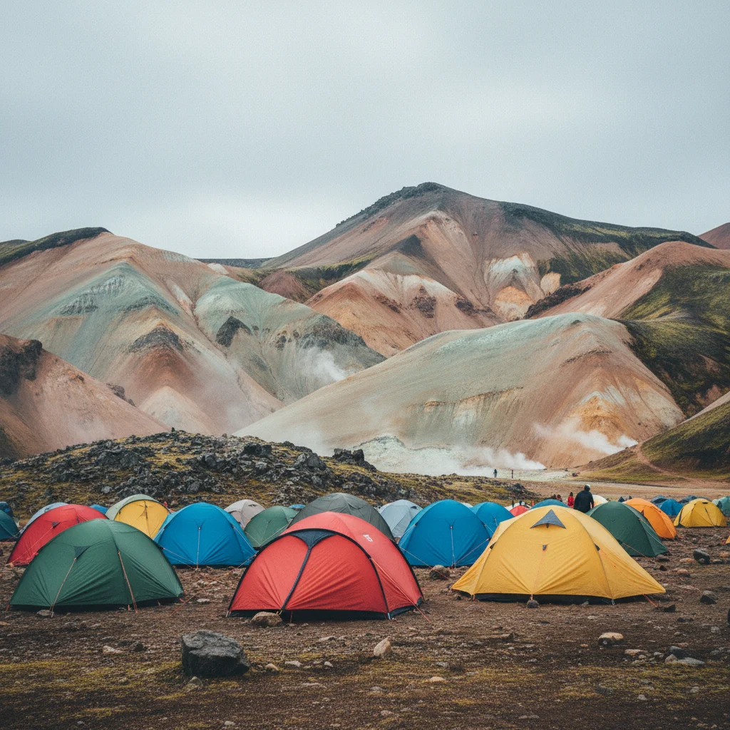 Zelte auf dem Campingplatz in Landmannalaugar vor bunten Bergen