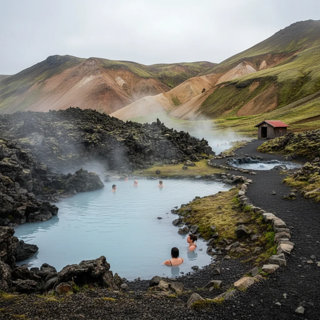Natürliche heiße Quelle in Landmannalaugar am Rand des Laugahraun-Lavafelds
