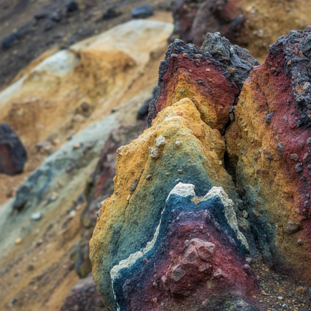 Nahaufnahme der bunten Rhyolith-Gesteinsformationen in Landmannalaugar