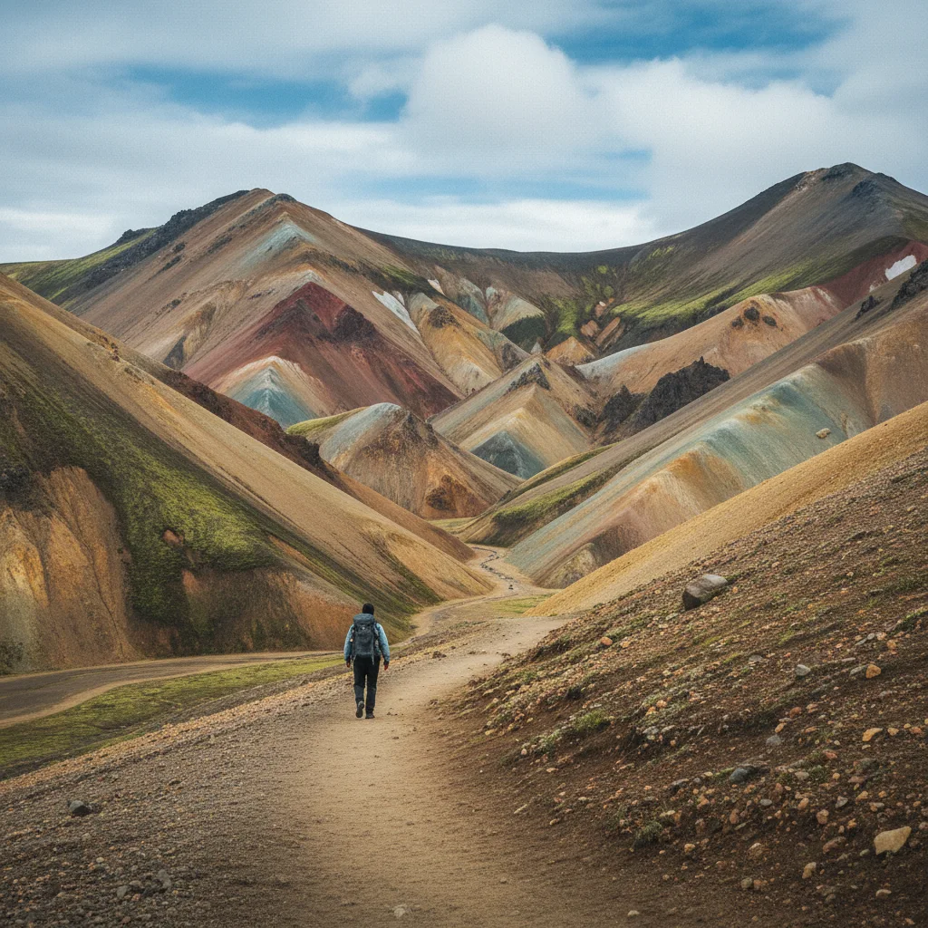 Wanderer auf einem Pfad durch die bunten Berge von Landmannalaugar