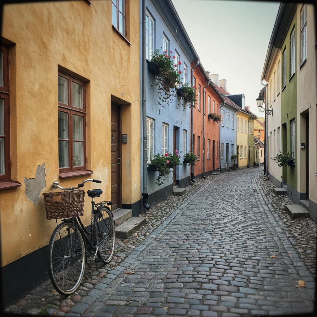 Die Altstadt von Landskrona mit historischen Häusern und Kopfsteinpflaster