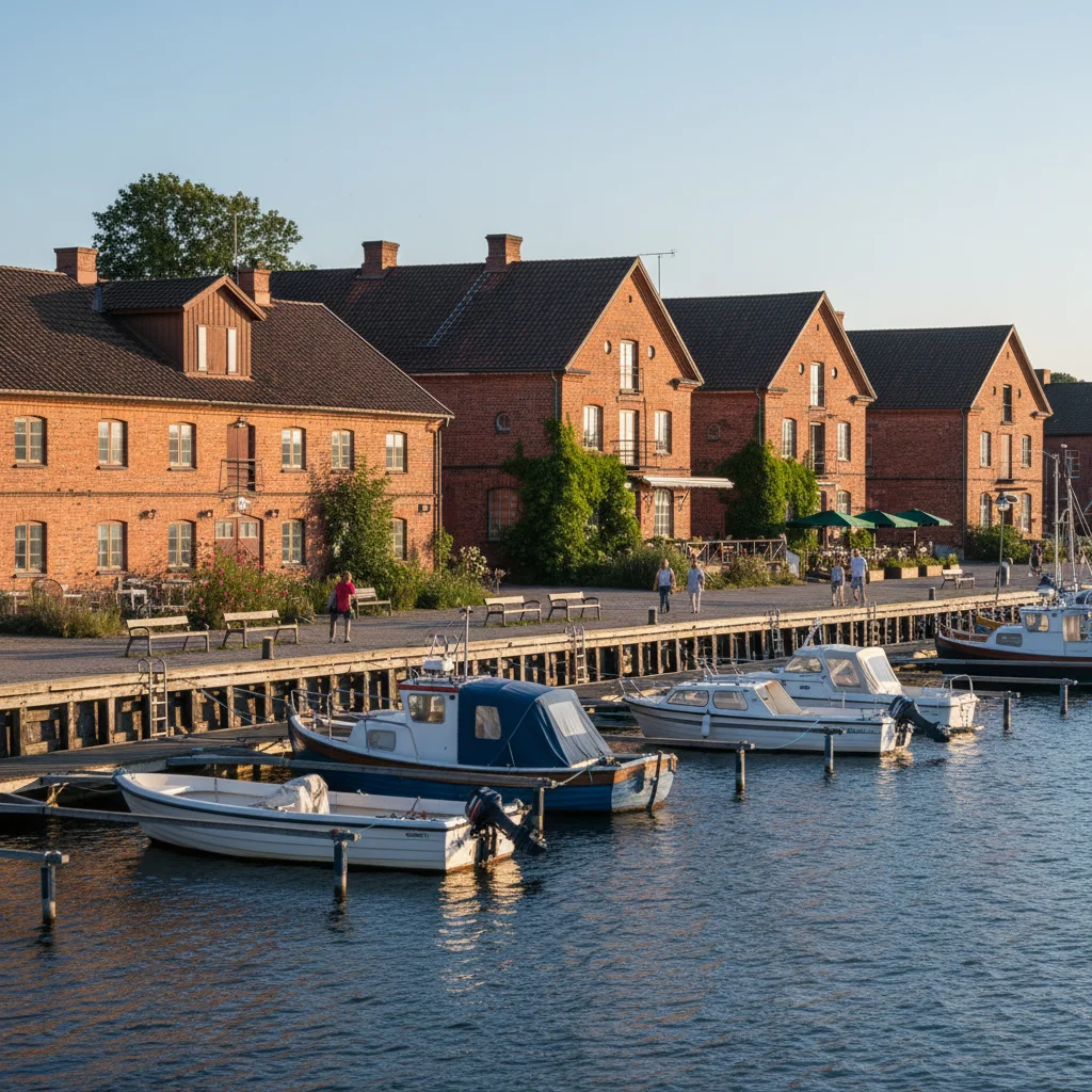 Der Hafen von Landskrona mit Booten, Kai und Restaurants