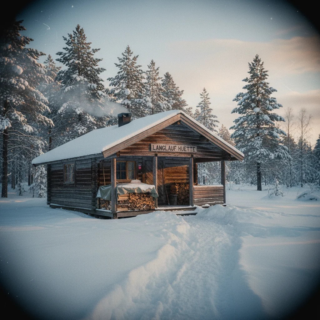 Norwegische Huette an einer Langlaufloipe im Schnee