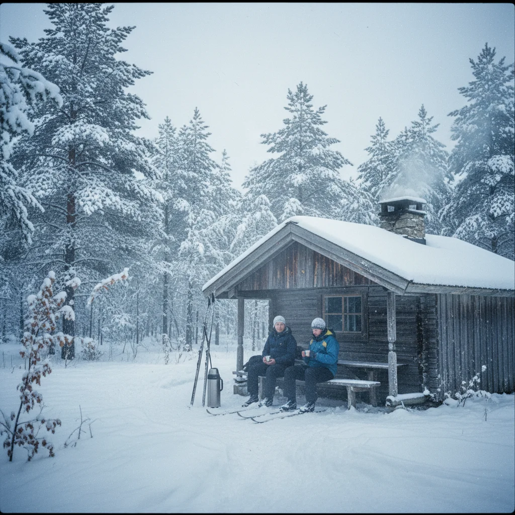 Holzhütte an einer Langlaufloipe in Schweden mit Skiern im Schnee und Rauch aus dem Schornstein