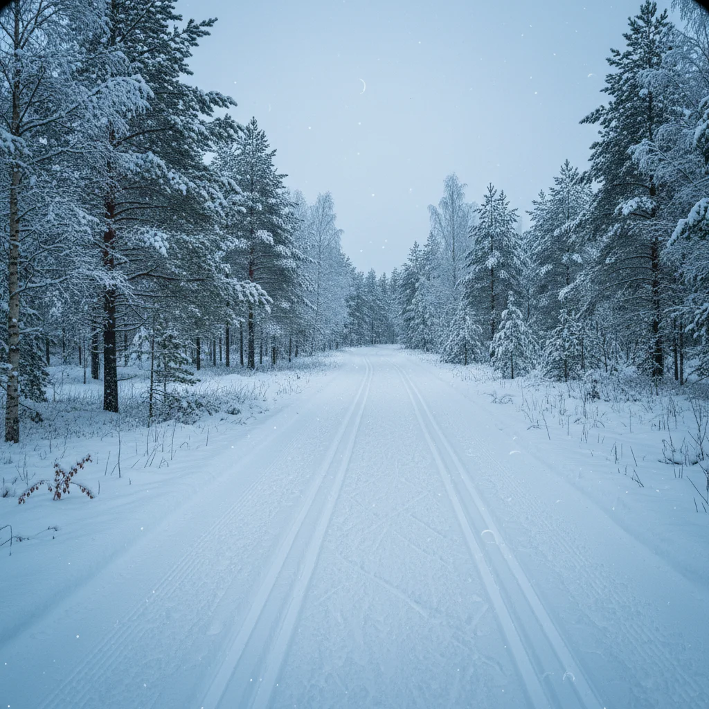 Langläufer auf einer gespurten Loipe durch verschneiten Nadelwald in Schweden