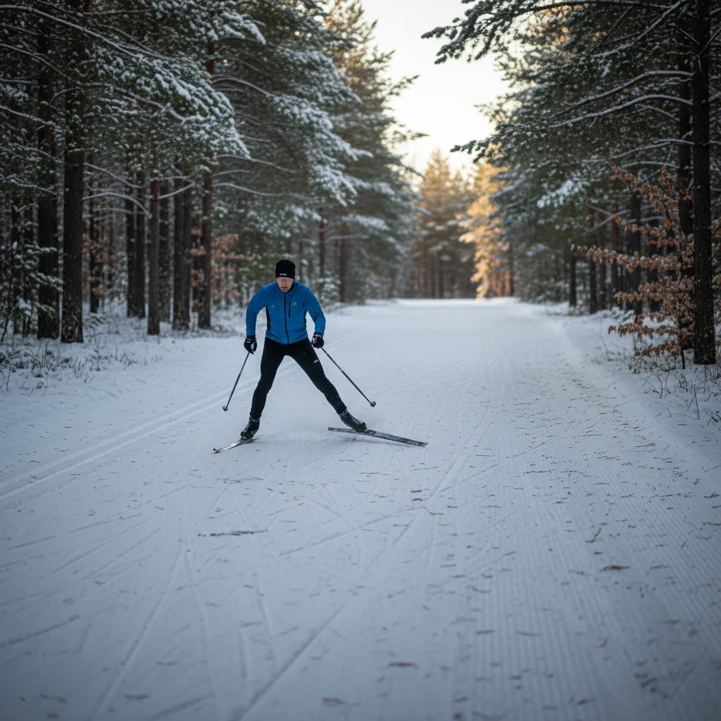 Langläufer im Skating-Stil auf breiter gespurter Loipe in Schweden