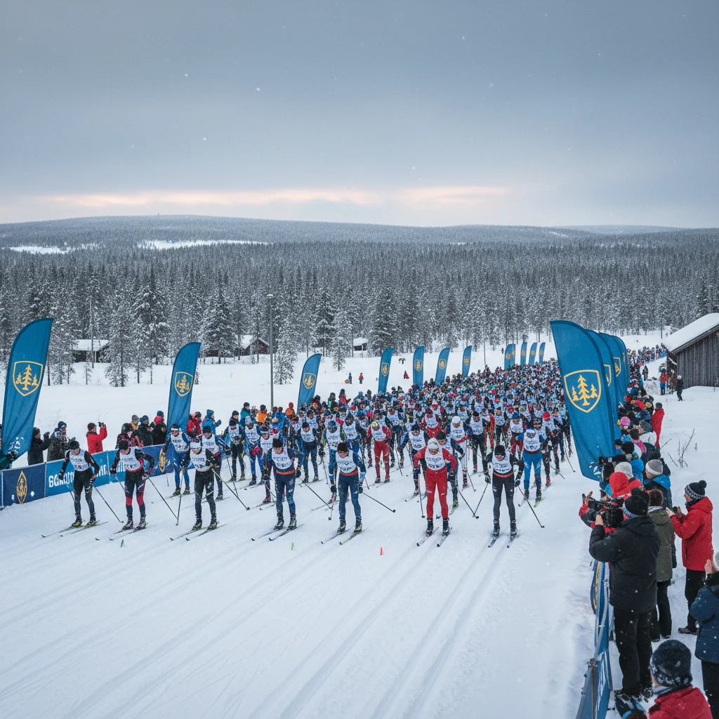 Massenstart beim Vasaloppet in Sälen mit tausenden Langläufern auf breiter Strecke