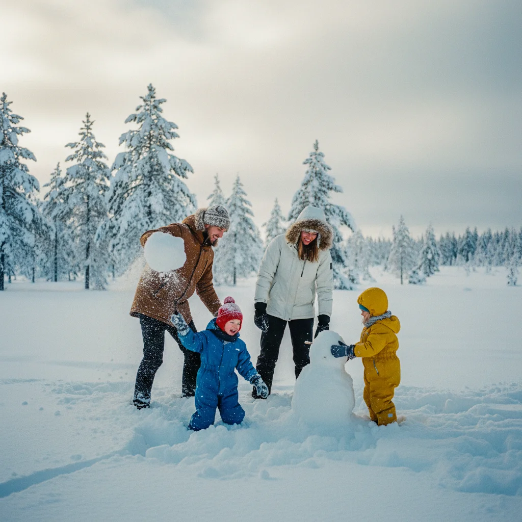 Familie mit zwei Kindern beim Spielen im tiefen Schnee in Lappland