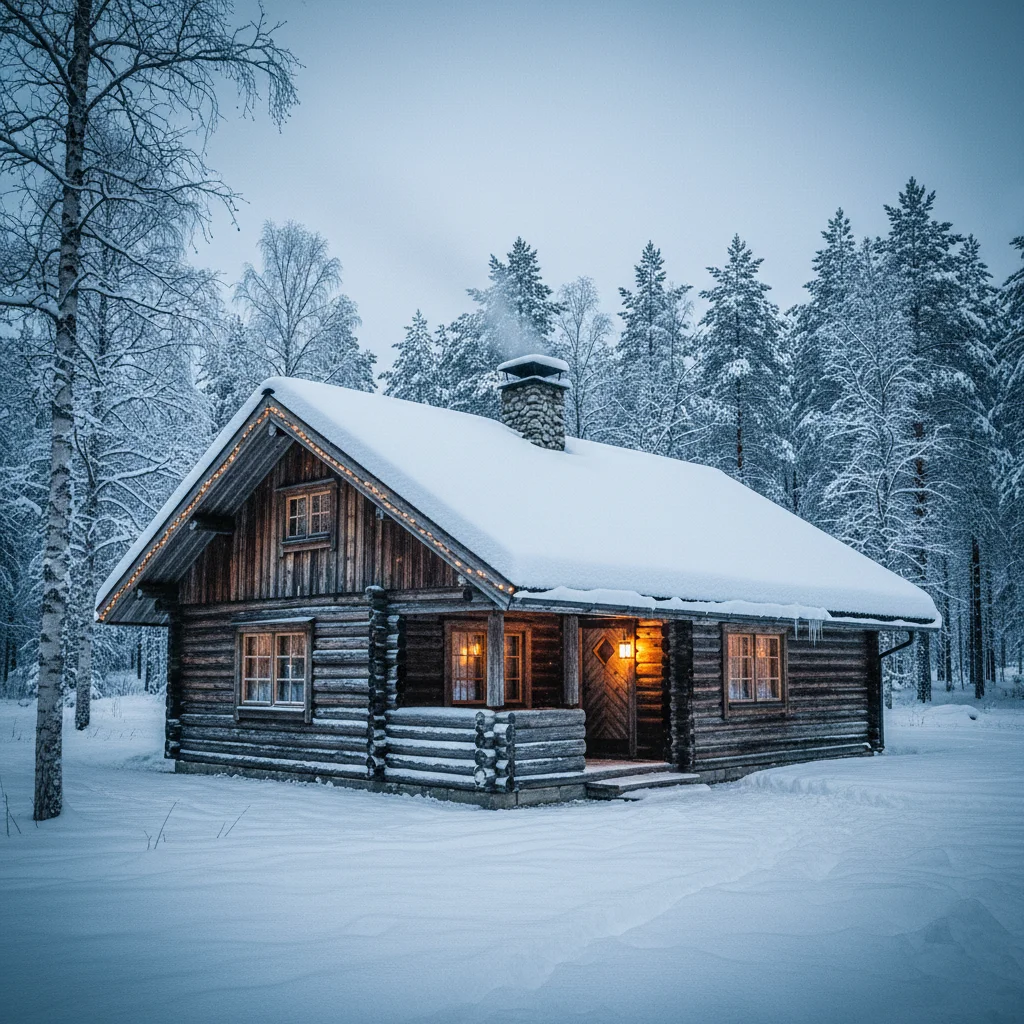 Gemütliche Ferienhütte in Lappland im Winter mit Schnee auf dem Dach