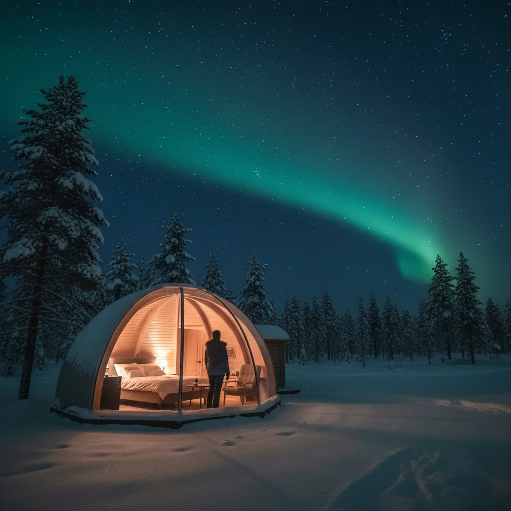 Glasiglu-Unterkunft in Lappland bei Nacht mit Blick auf den Sternenhimmel