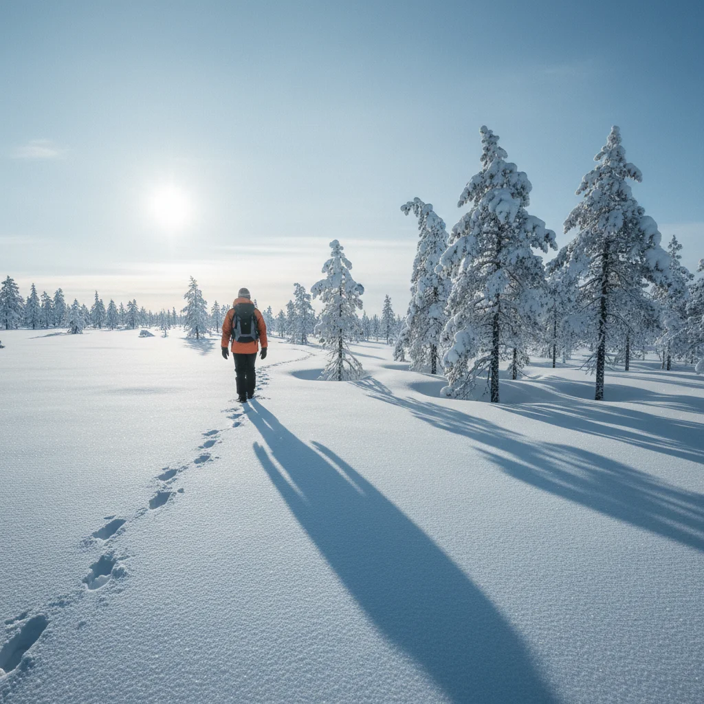 Sonniger Wintertag in Lappland im März mit langem Schatten auf dem Schnee
