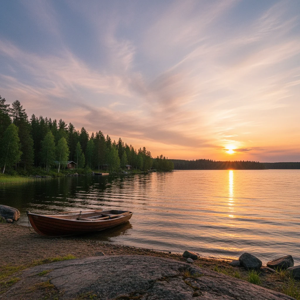 Mitternachtssonne über einem See in Lappland im Sommer