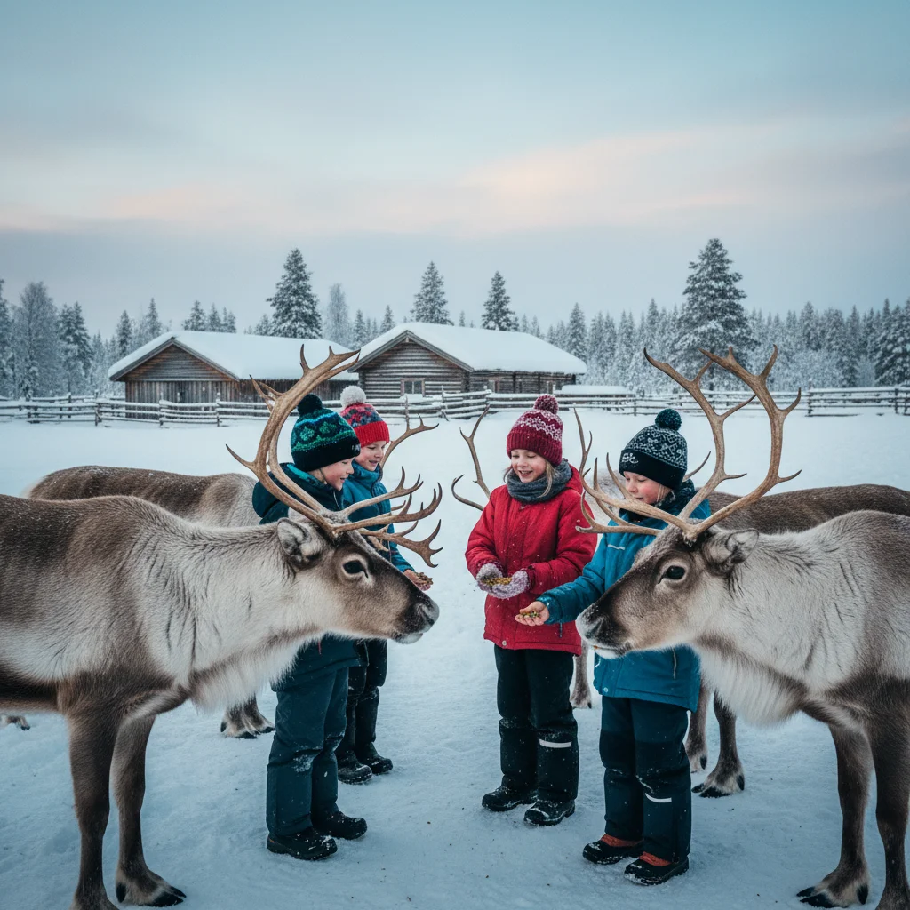 Kinder füttern Rentiere auf einer Farm in Lappland
