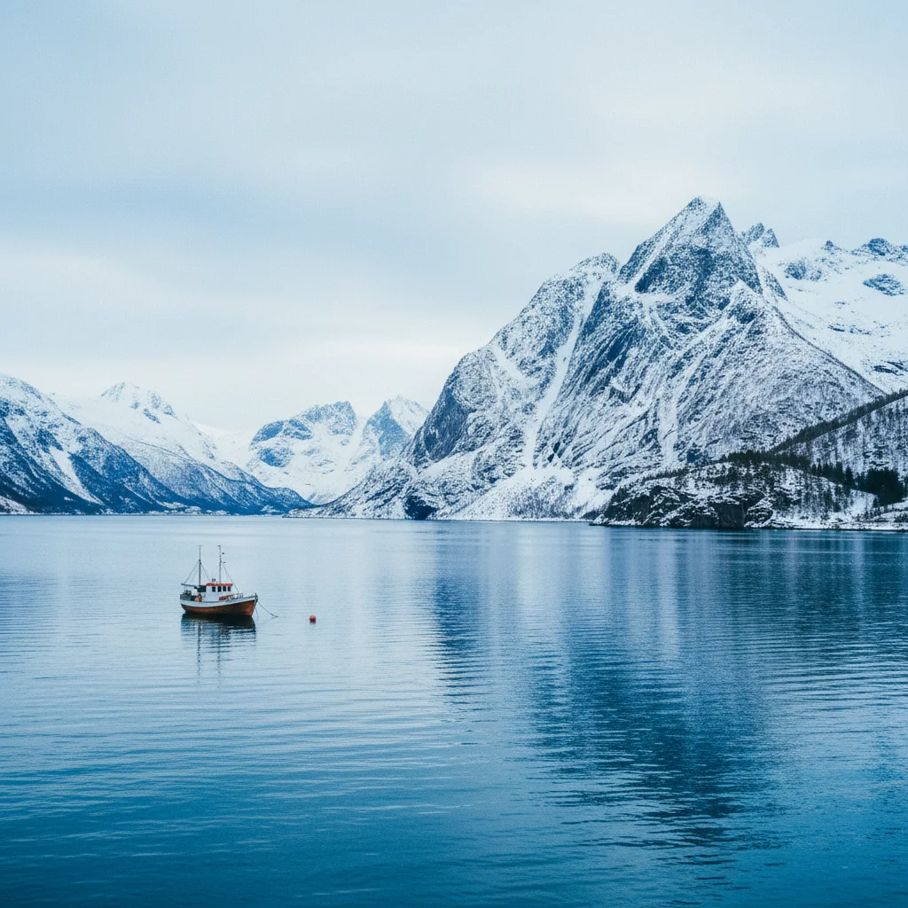 Fjordlandschaft in Nordnorwegen mit verschneiten Bergen und klarem Wasser