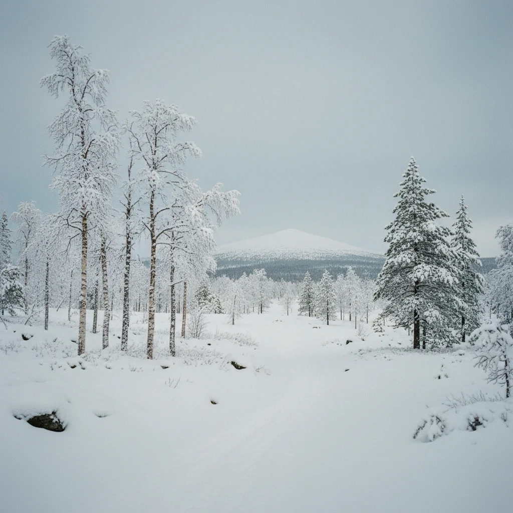 Verschneite Fjälllandschaft bei Saariselkä mit Birken und Kiefern