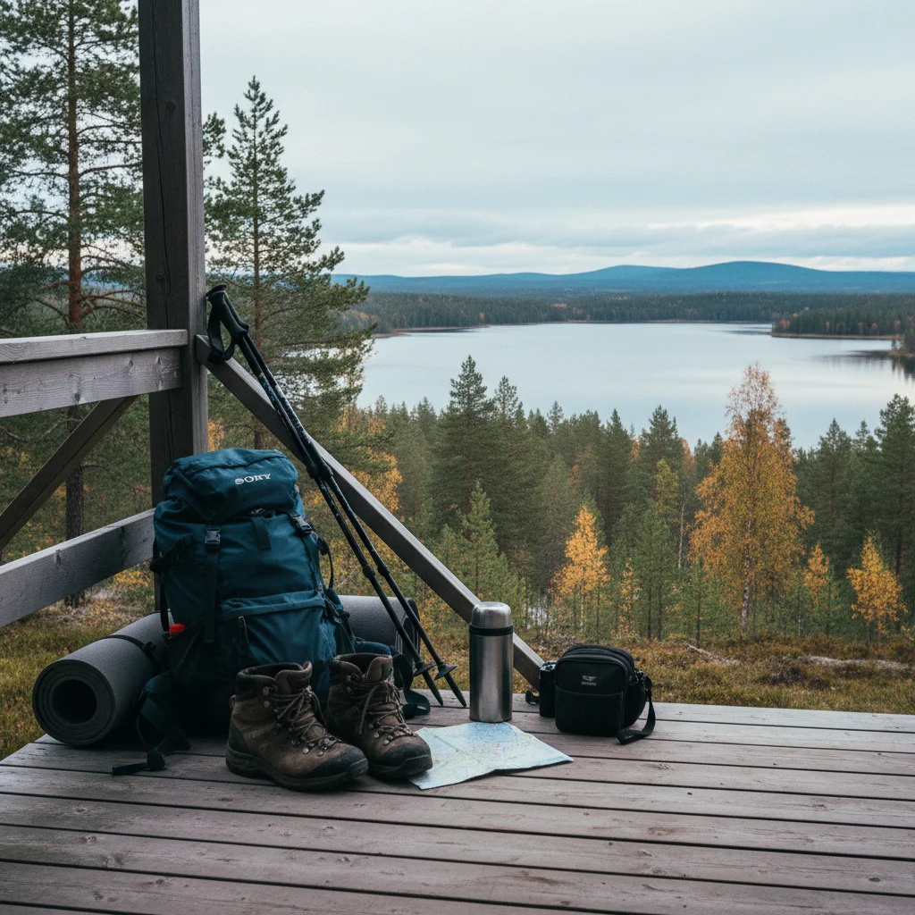 Wanderausrüstung auf einer Holzterrasse in Lappland mit See im Hintergrund