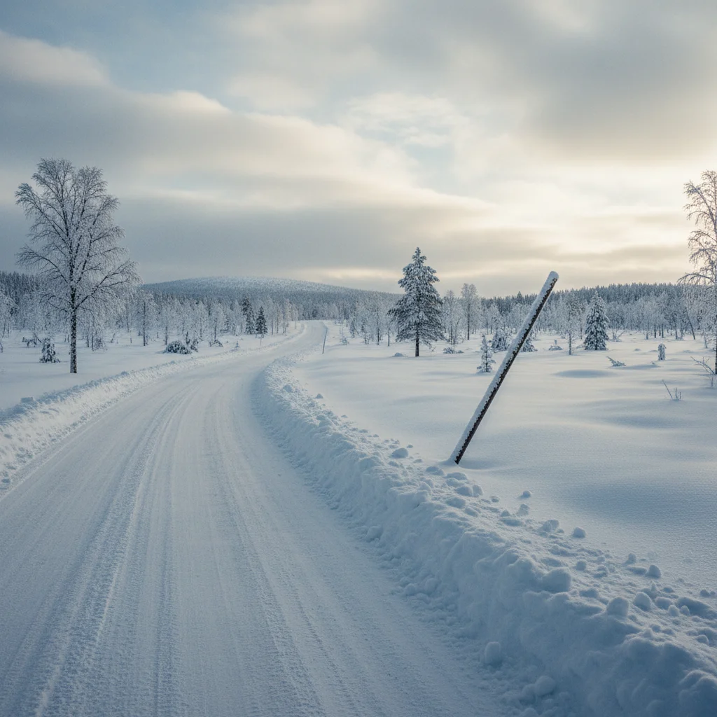 Verschneite Landstraße durch die weite Winterlandschaft Lapplands
