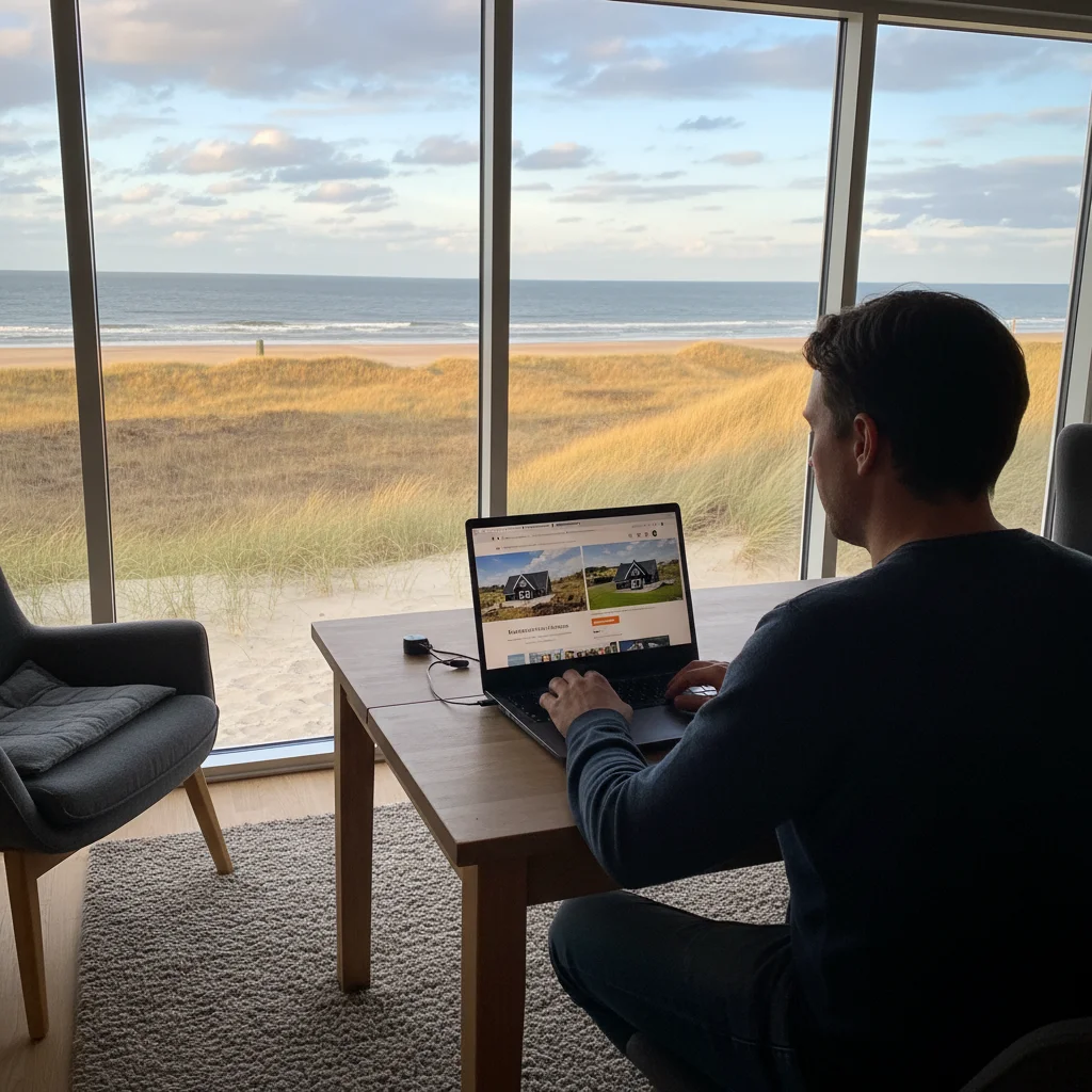 Laptop mit Ferienhausbuchung für Dänemark