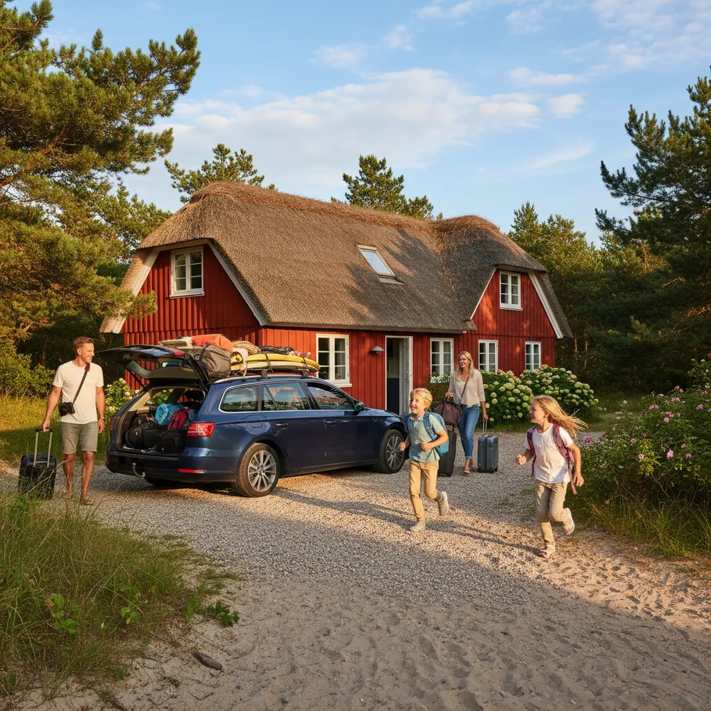 Familie vor einem Ferienhaus in Dänemark