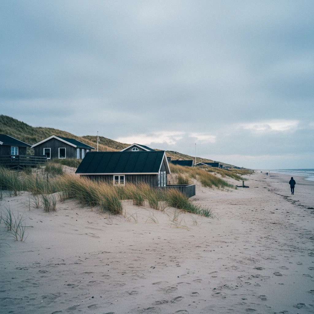 Dänischer Strand mit Ferienhäusern in den Dünen