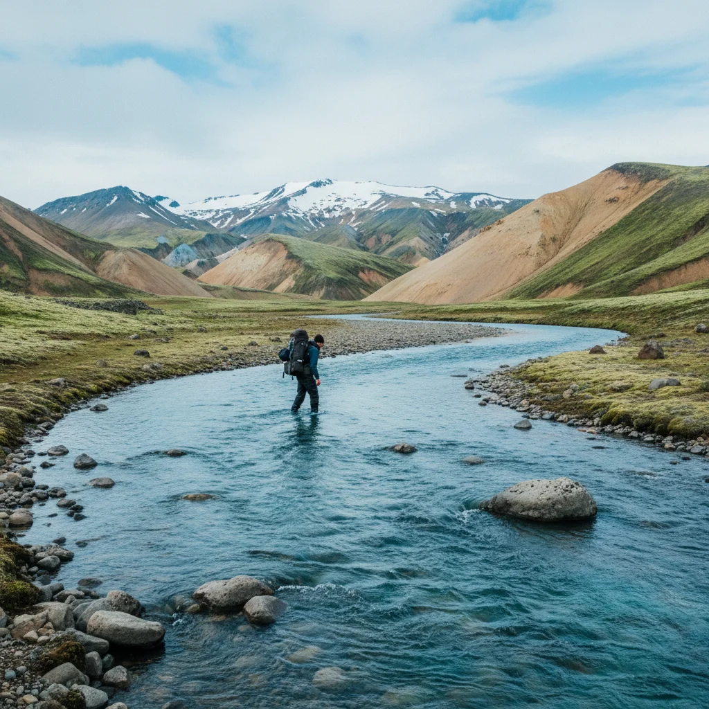 Wanderer durchquert einen Fluss auf dem Laugavegur Trek