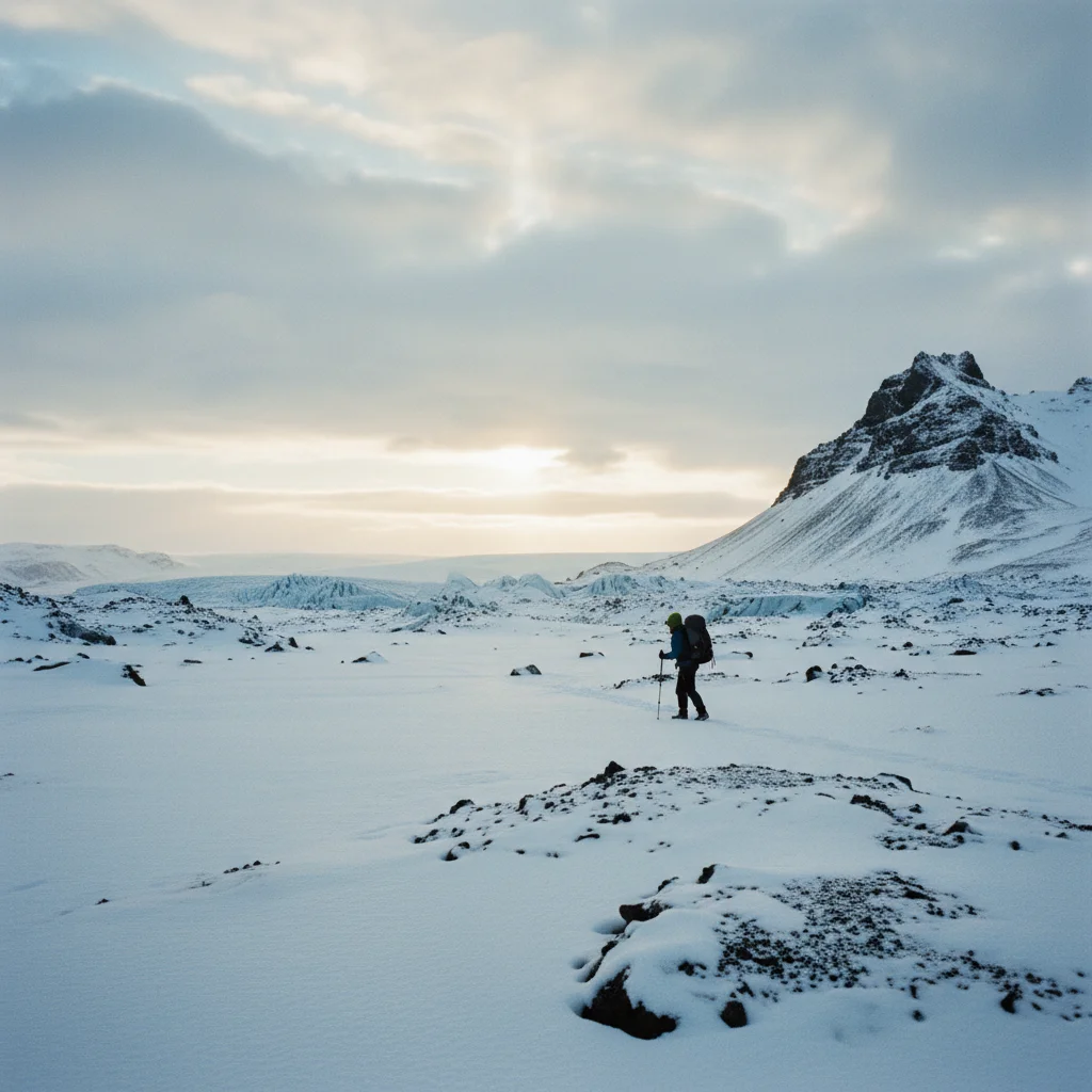 Wanderer auf Schneefeldern am Laugavegur Trek in Island