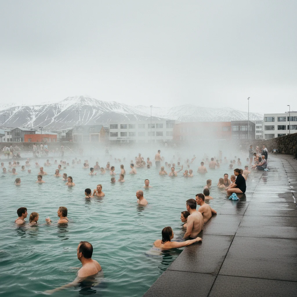 Menschen in einem geothermisch beheizten Freibad in Reykjavík