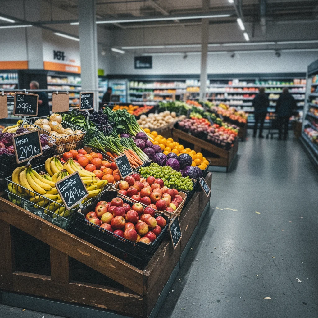 Frisches Obst und Gemüse in einem isländischen Supermarkt mit Preisschildern in ISK