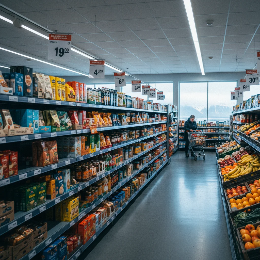 Innenansicht eines isländischen Supermarkts mit Preisschildern