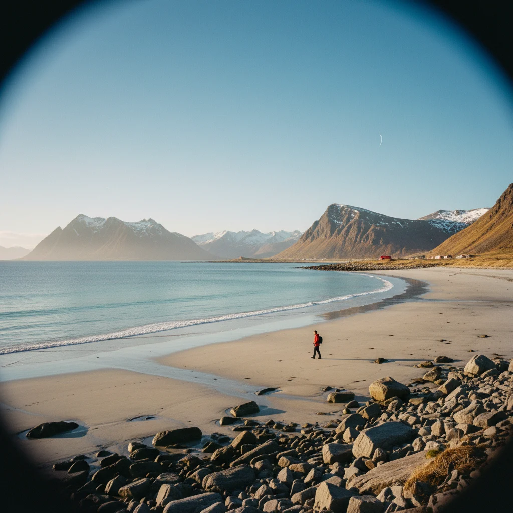 Hauklandstranden auf den Lofoten mit weißem Sand und Bergen