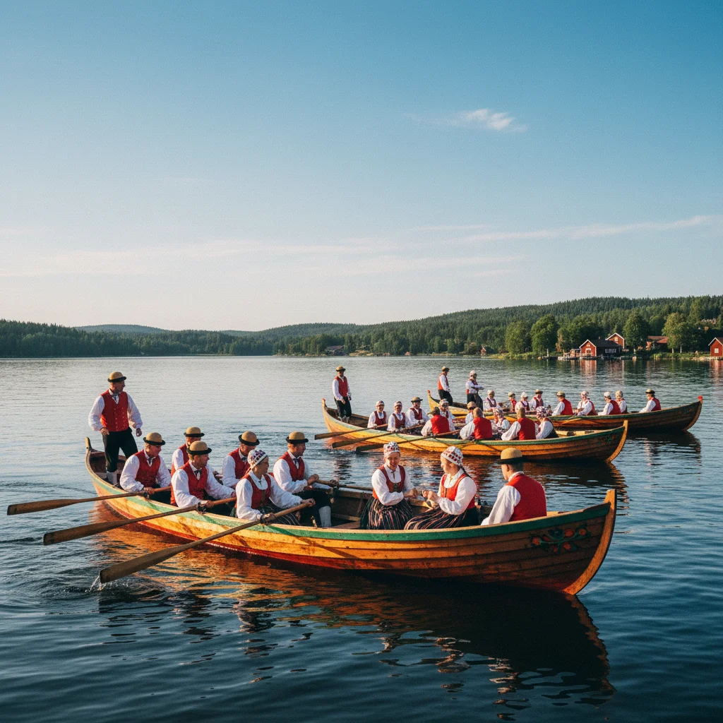 Kirchboote (Kyrkbåtar) auf dem Siljan-See bei Leksand mit Ruderern in Tracht