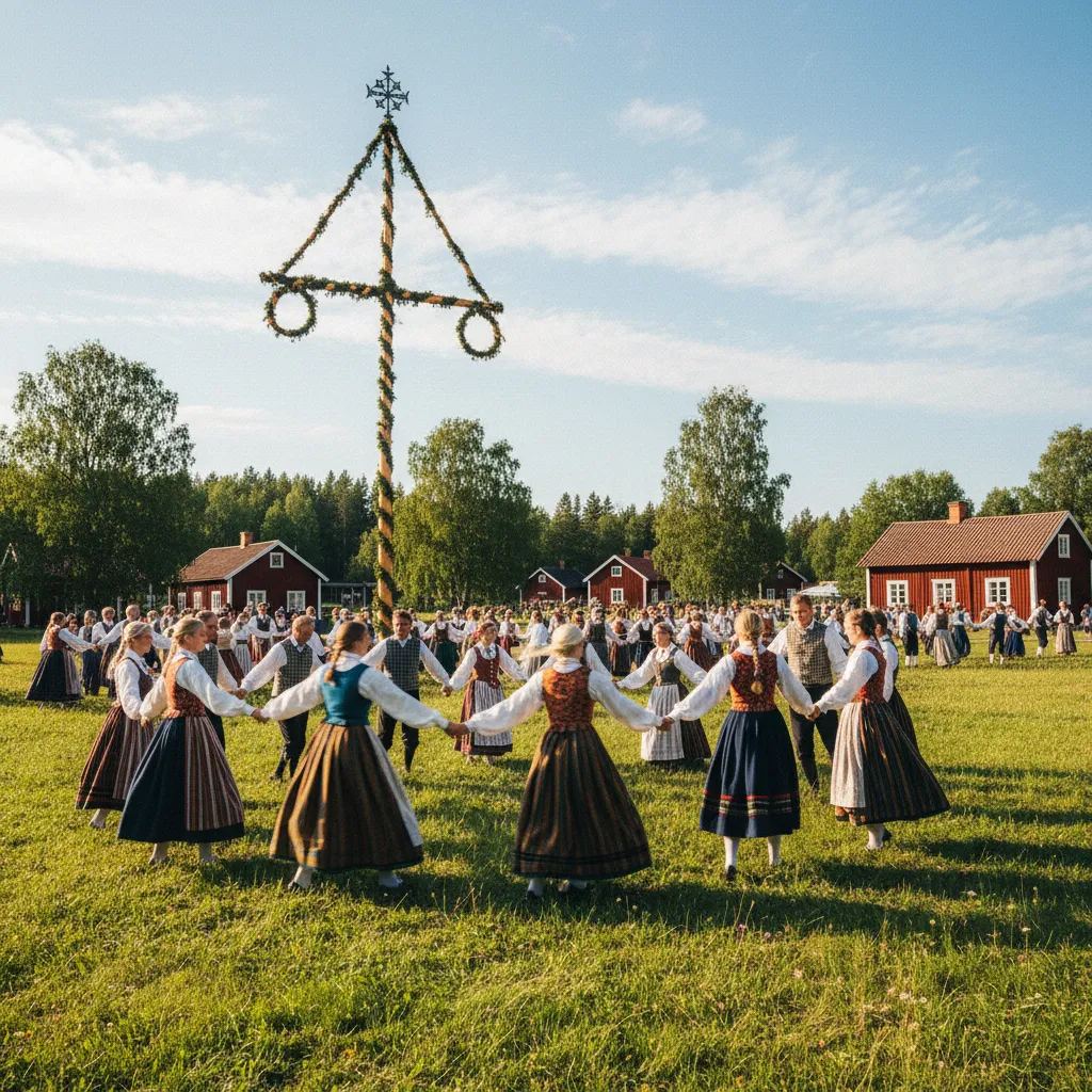 Midsommarstång (Maibaum) in Leksand mit tanzenden Menschen in Dalarna-Trachten