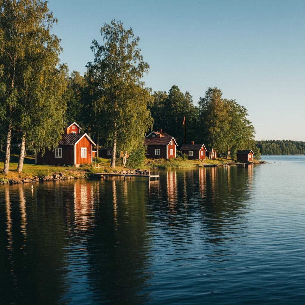 Siljan-Ufer bei Leksand mit roten Holzhäusern und Birkenwäldern