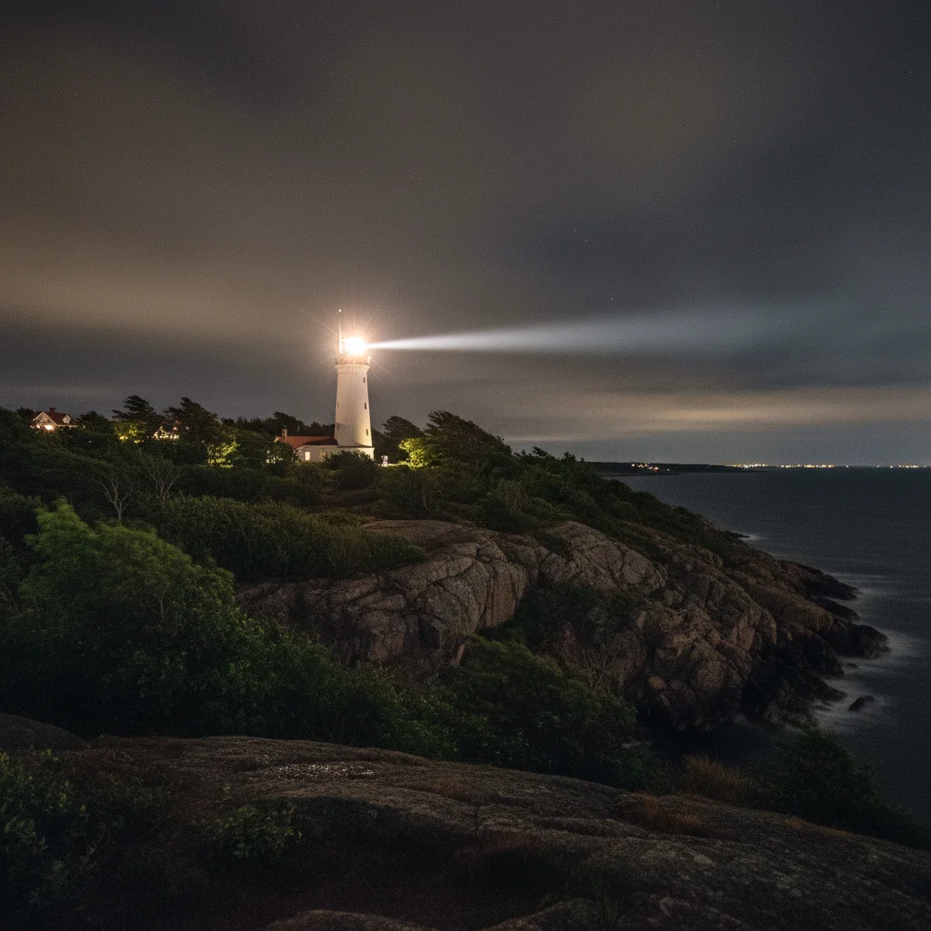 Kullen Leuchtturm auf dem Kullaberg bei Nacht mit leuchtendem Leuchtfeuer