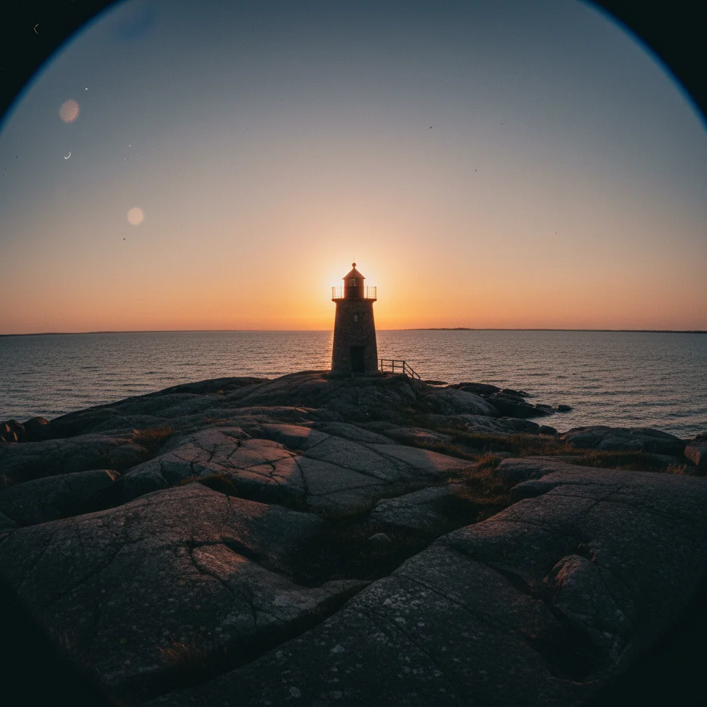 Sonnenuntergang hinter einem norwegischen Leuchtturm