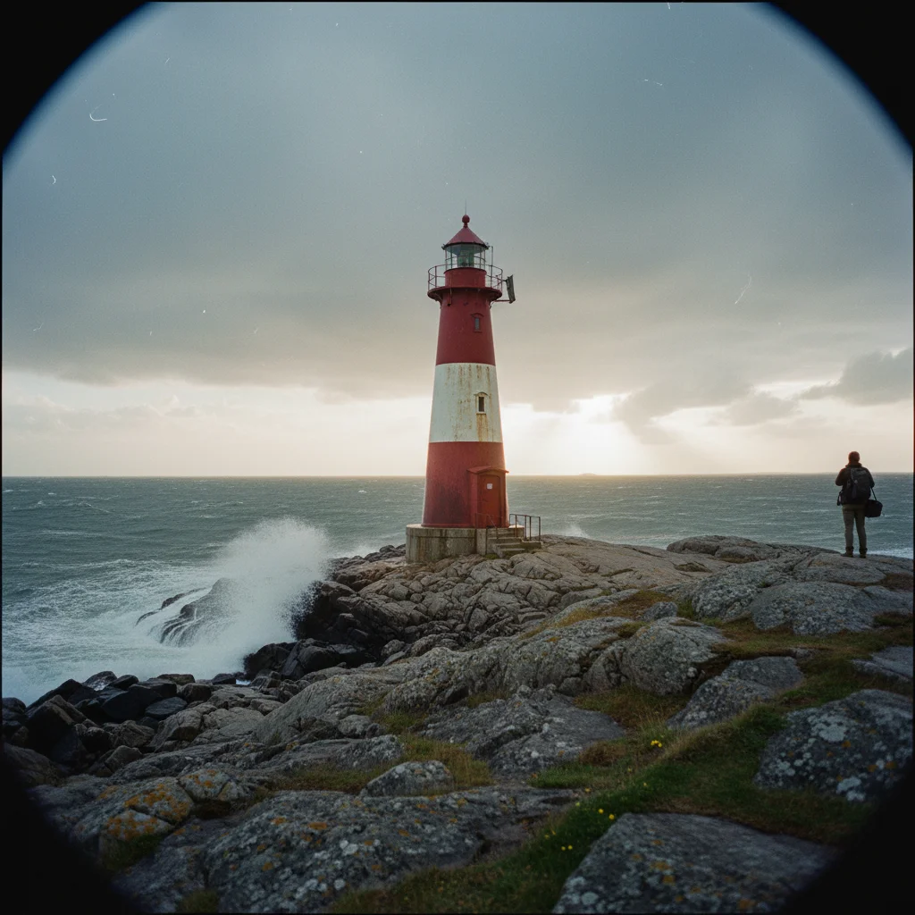 Norwegischer Leuchtturm bei stürmischem Wetter mit hohen Wellen
