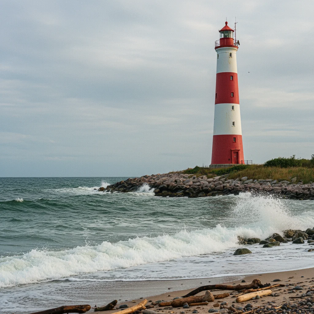 Rot-weißer Leuchtturm an der Ostseeküste mit Wellengang im Vordergrund