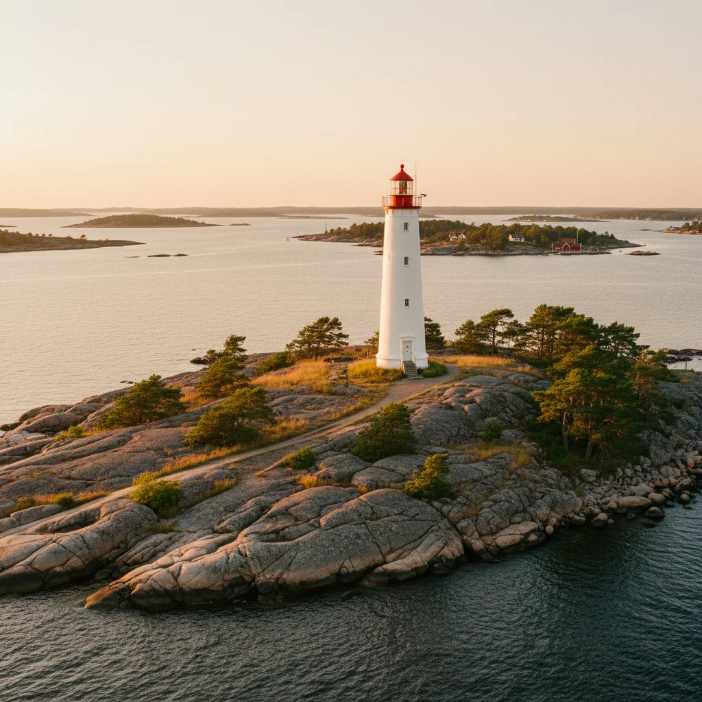 Weißer Leuchtturm auf einer schwedischen Schäreninsel im warmen Abendlicht