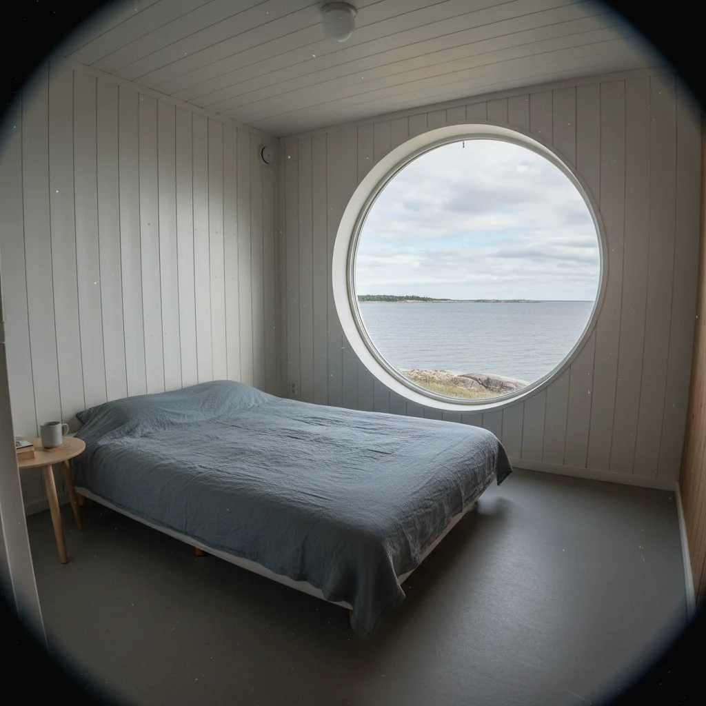 Innenansicht eines Leuchtturm-Zimmers mit Meerblick und minimalistischer Einrichtung