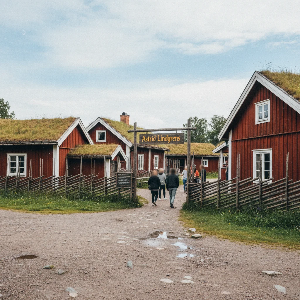 Eingangsbereich von Astrid Lindgrens Värld in Vimmerby mit Holzhäusern