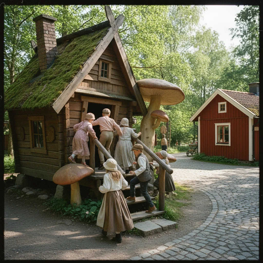 Kinder spielen in einer Kulisse von Astrid Lindgrens Värld