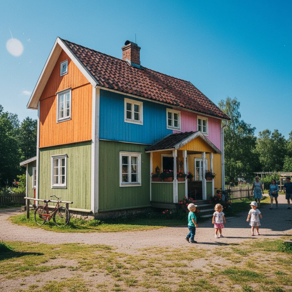 Die Villa Kunterbunt in Astrid Lindgrens Värld mit bunter Fassade