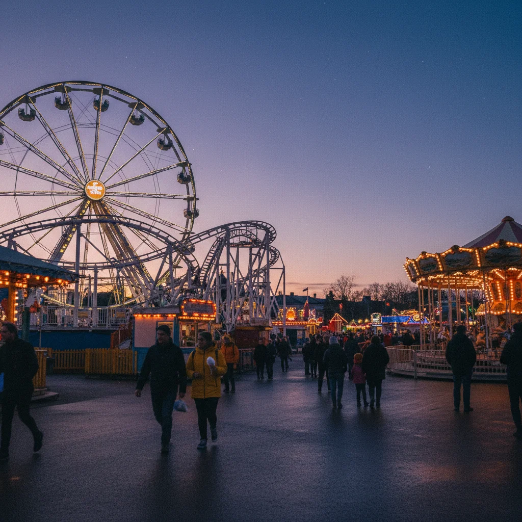 Linnanmäki Vergnügungspark in Helsinki bei Abendbeleuchtung
