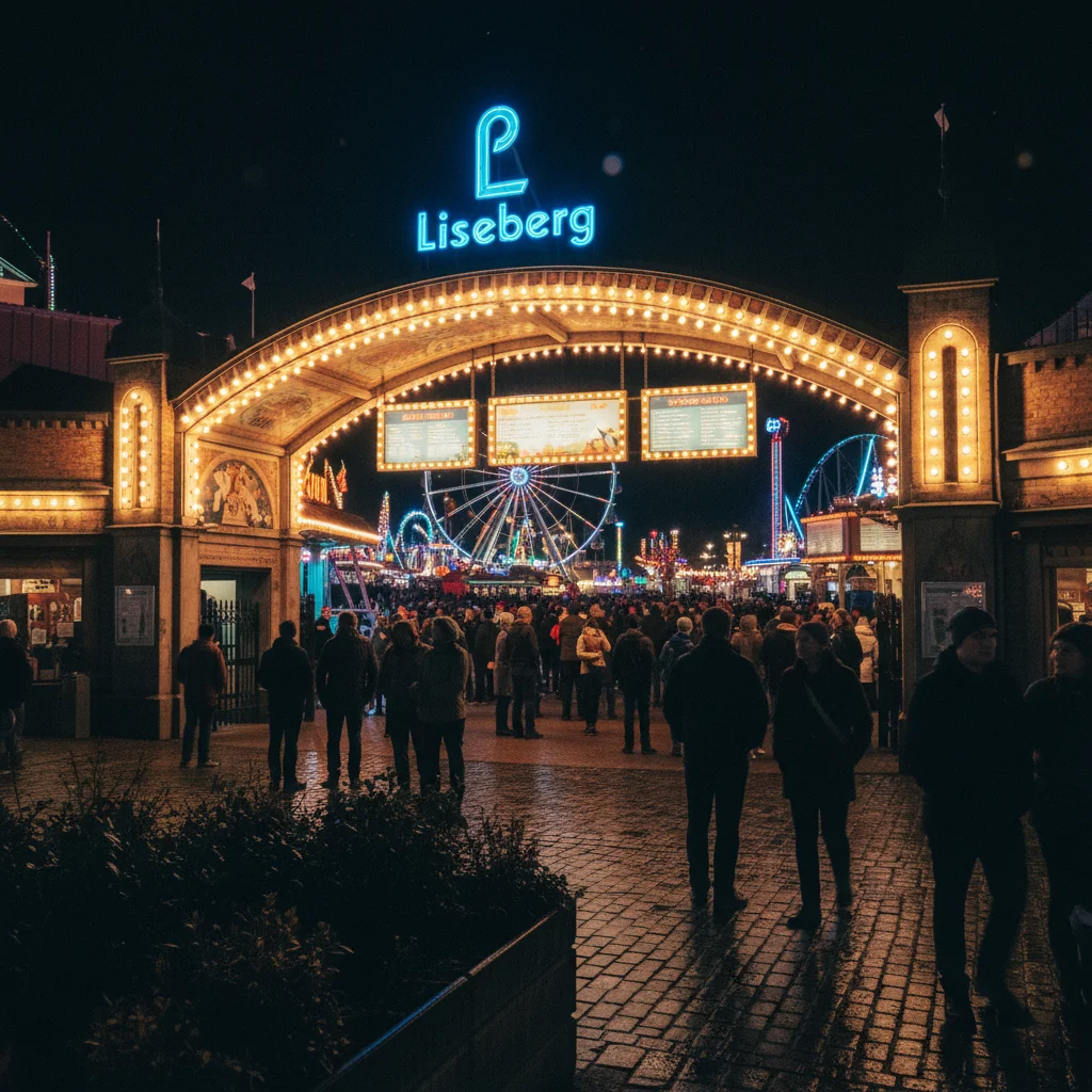 Beleuchteter Eingang des Freizeitparks Liseberg in Göteborg bei Nacht