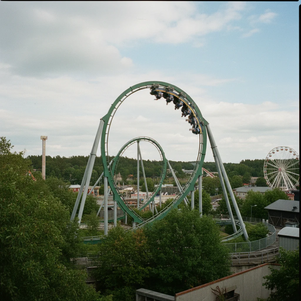 Achterbahn Helix im Freizeitpark Liseberg mit Looping vor dem Göteborger Himmel