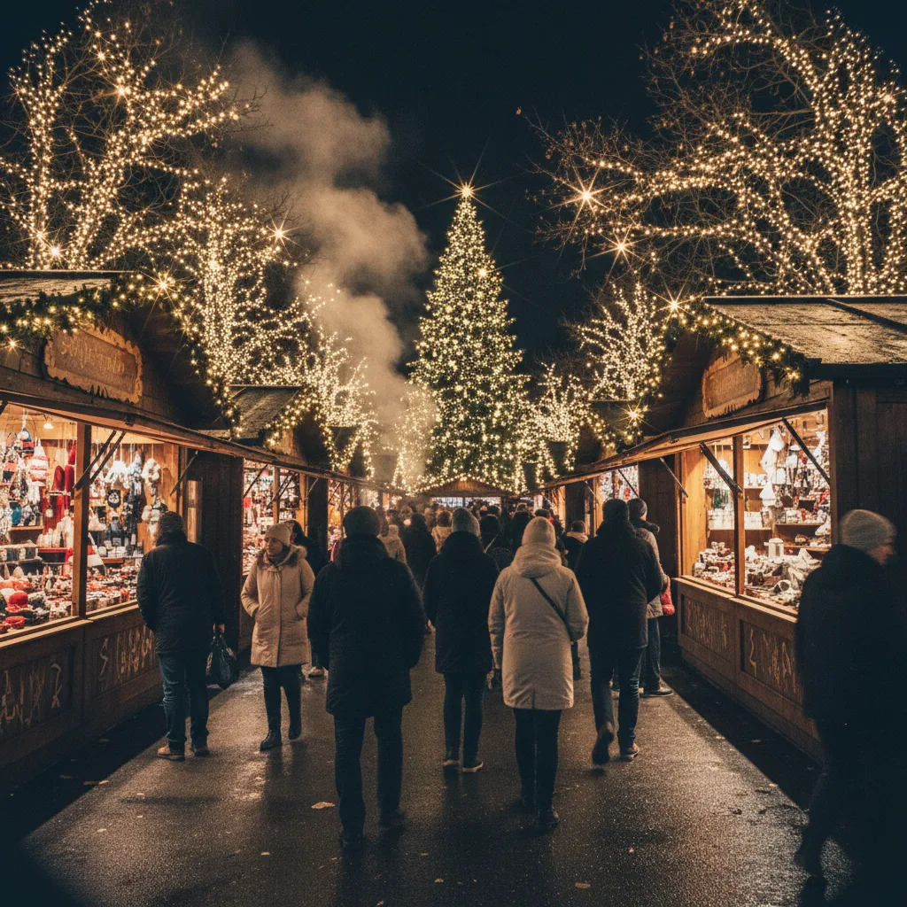 Weihnachtsmarkt im Freizeitpark Liseberg in Göteborg mit Lichtern und Buden
