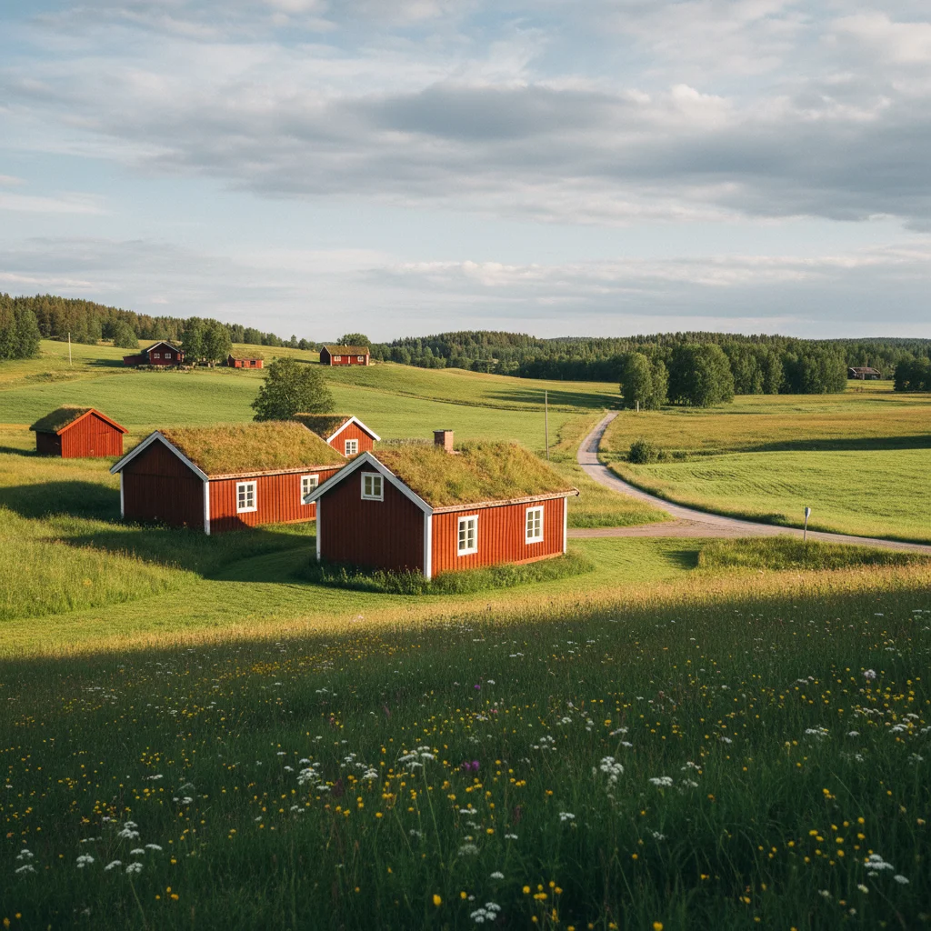 Typische schwedische Landschaft in Småland mit roten Holzhäusern und grünen Wiesen